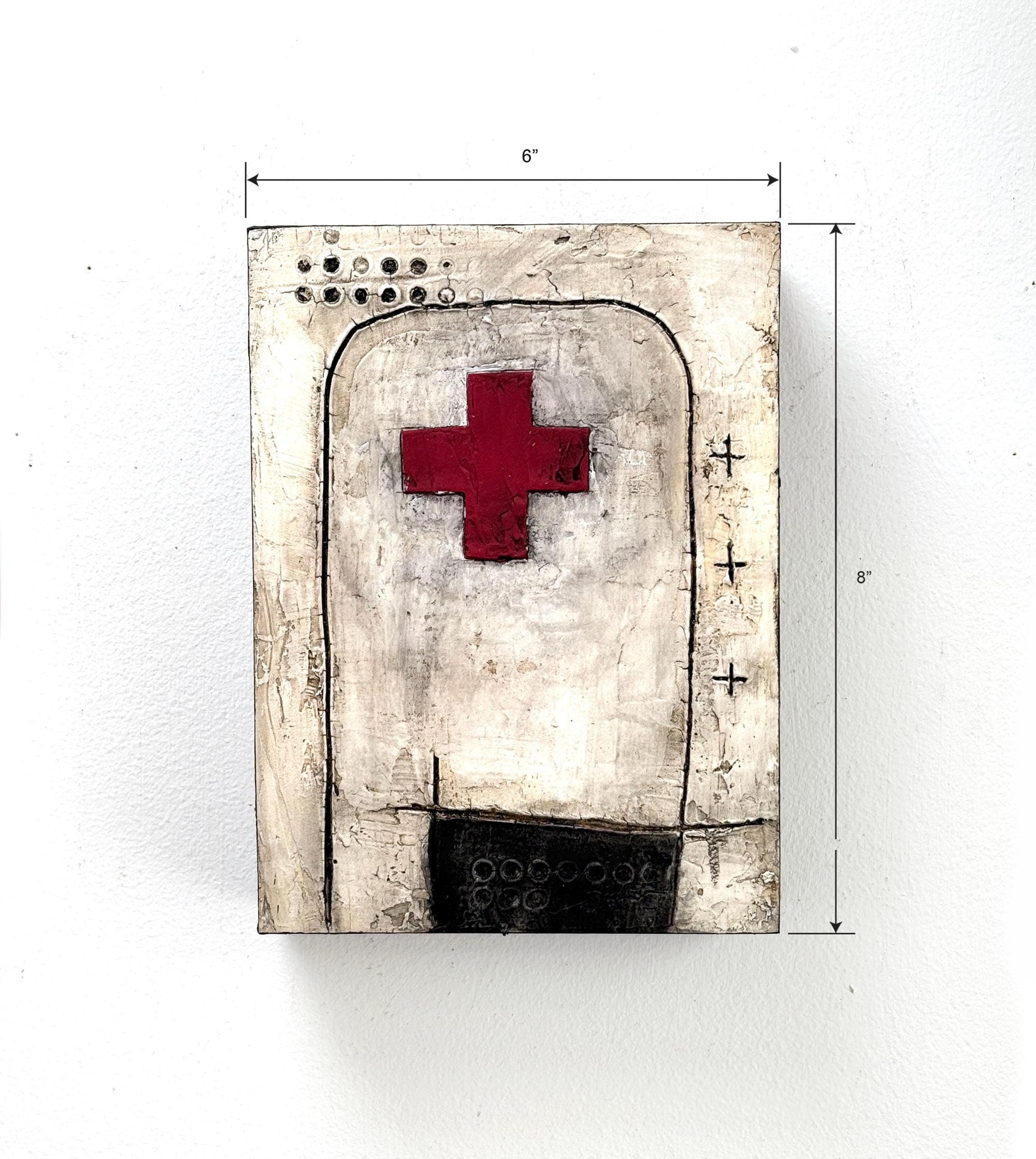 6x8  Textured Abstract Painting on Wood Panel, Red Cross, Modern Mixed Media Wall Art, Handmade Plaster Relief Medical Symbol Gift Decor