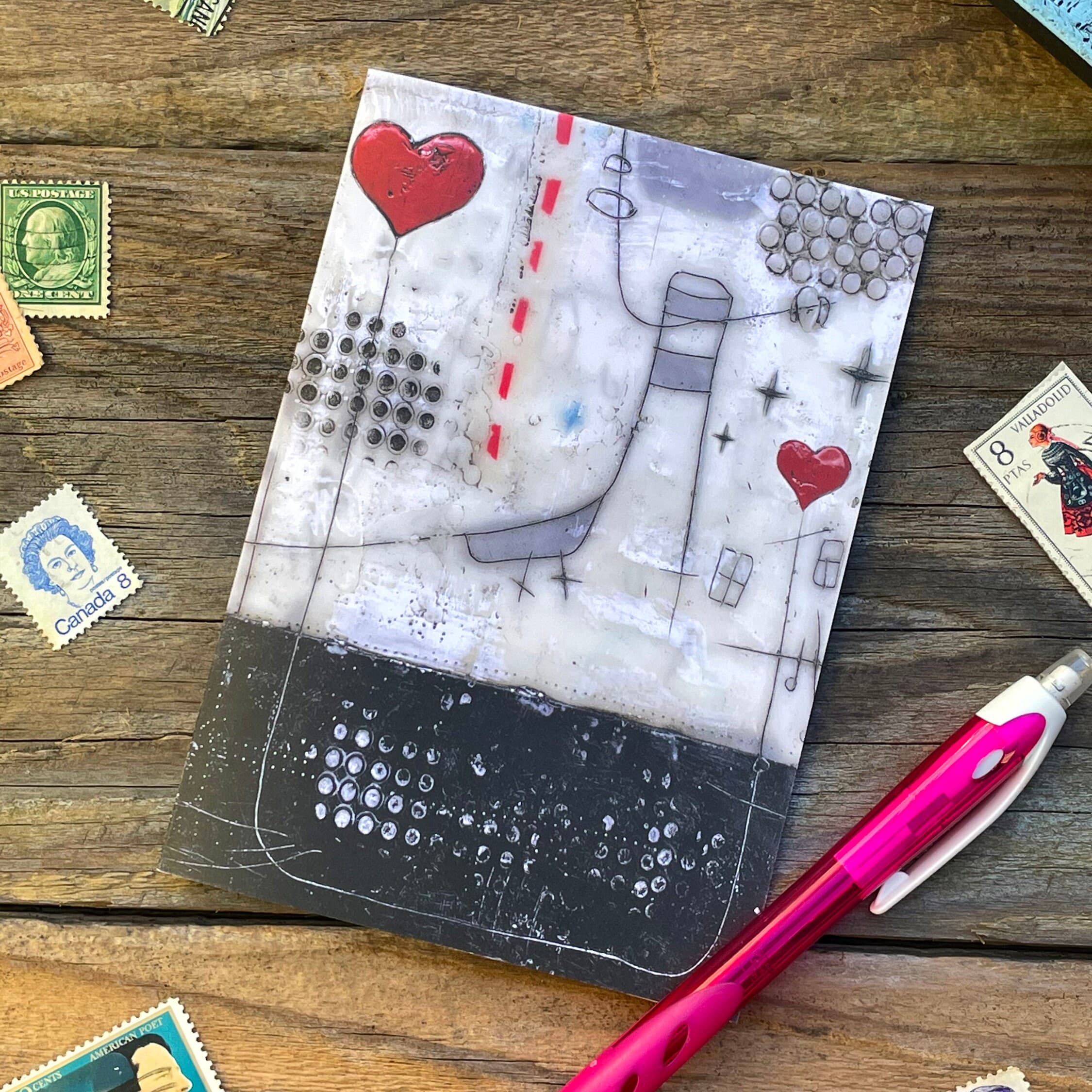 Playful hearts, abstract art greetings cards, blank greetings cards, contemporary art card, abstract art notecard/ blank art card/ notecard