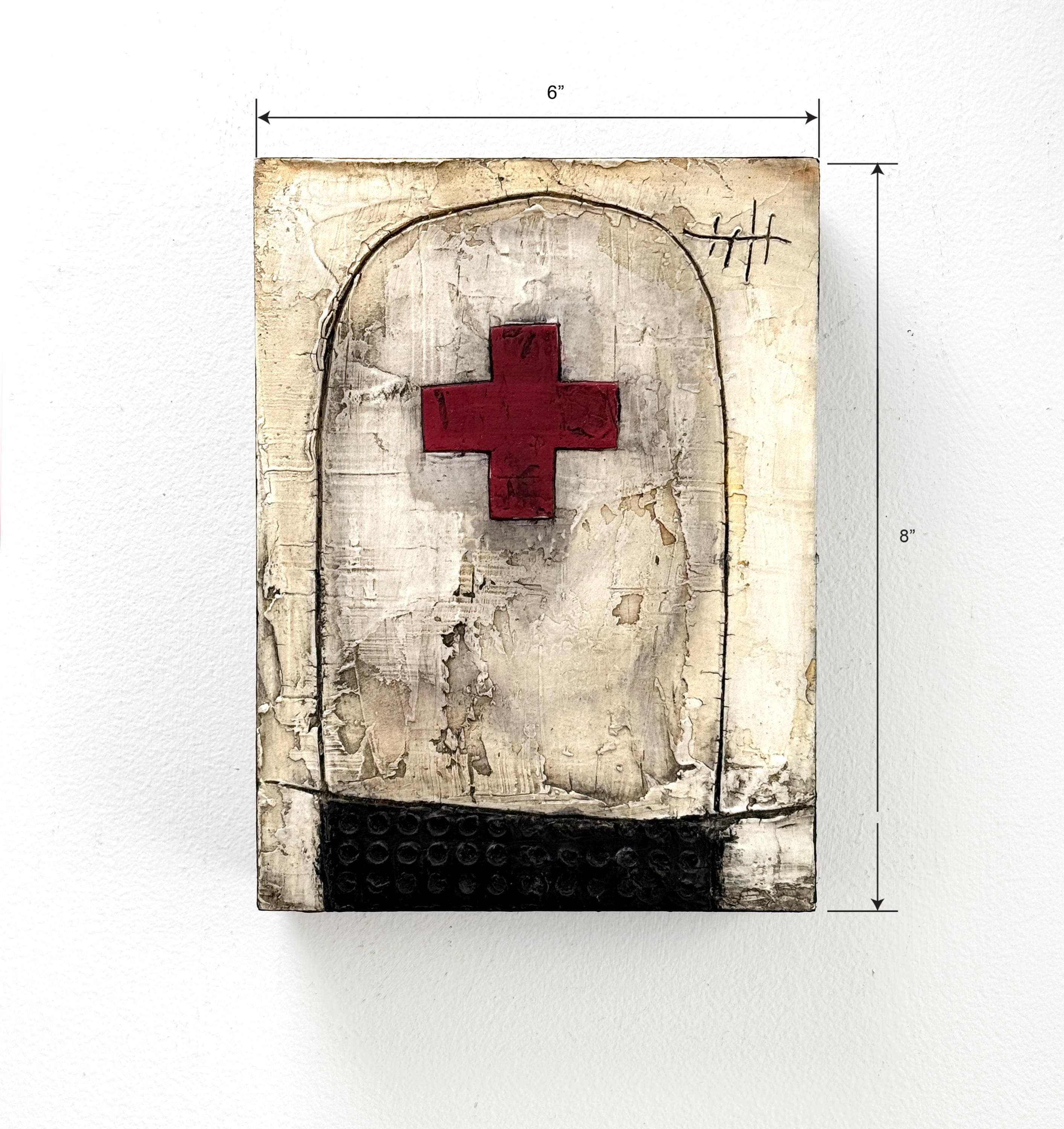6x8 Textured Abstract Painting on Wood Panel, Red Cross, modern Mixed Media Wall Art, Handmade Plaster Relief Medical Symbol Gift Decor