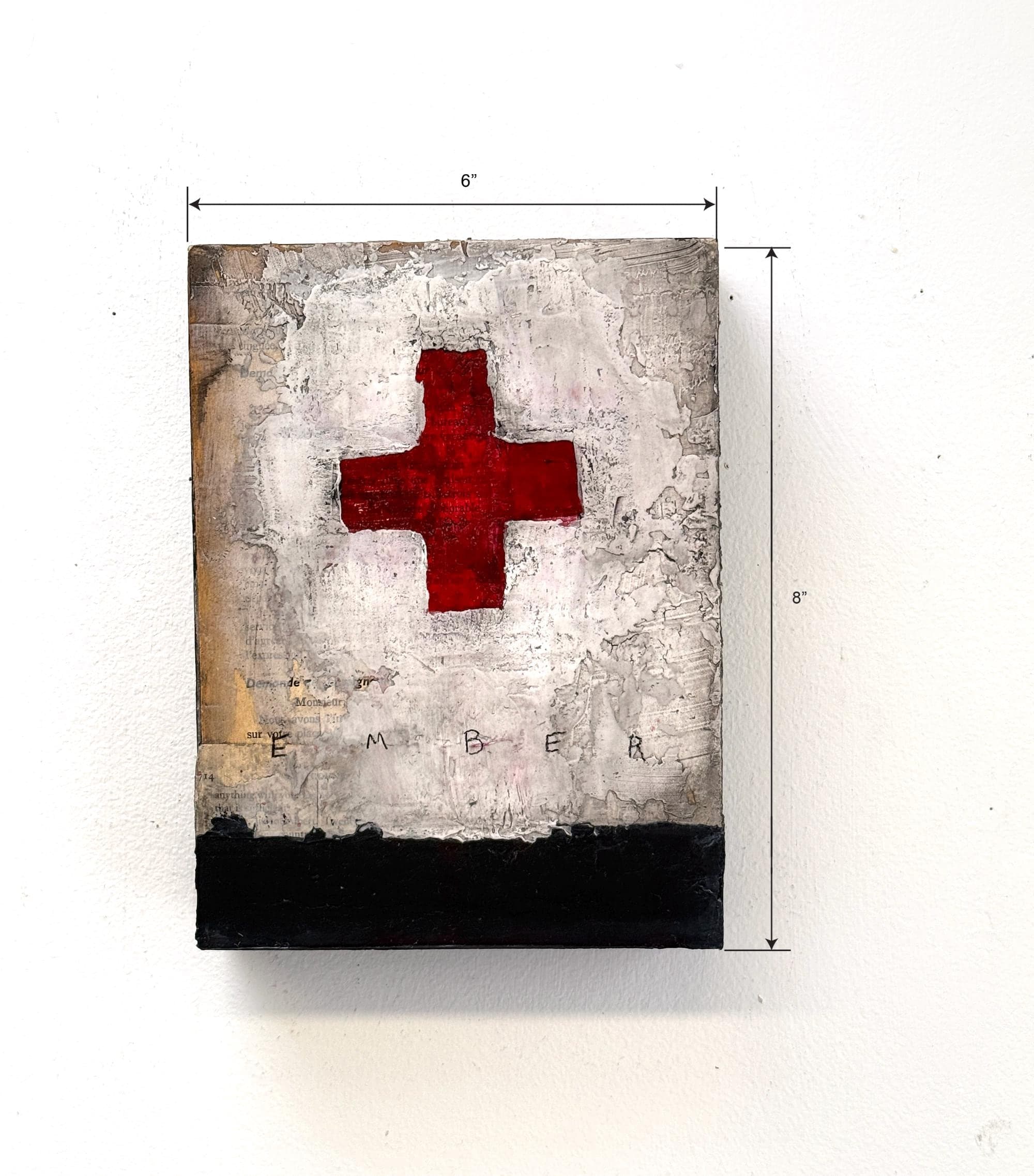 6x8 Textured Abstract Painting on Wood Panel, Red Cross, modern Mixed Media Wall Art, Handmade, Plaster Relief, Medical, Decor, Hope