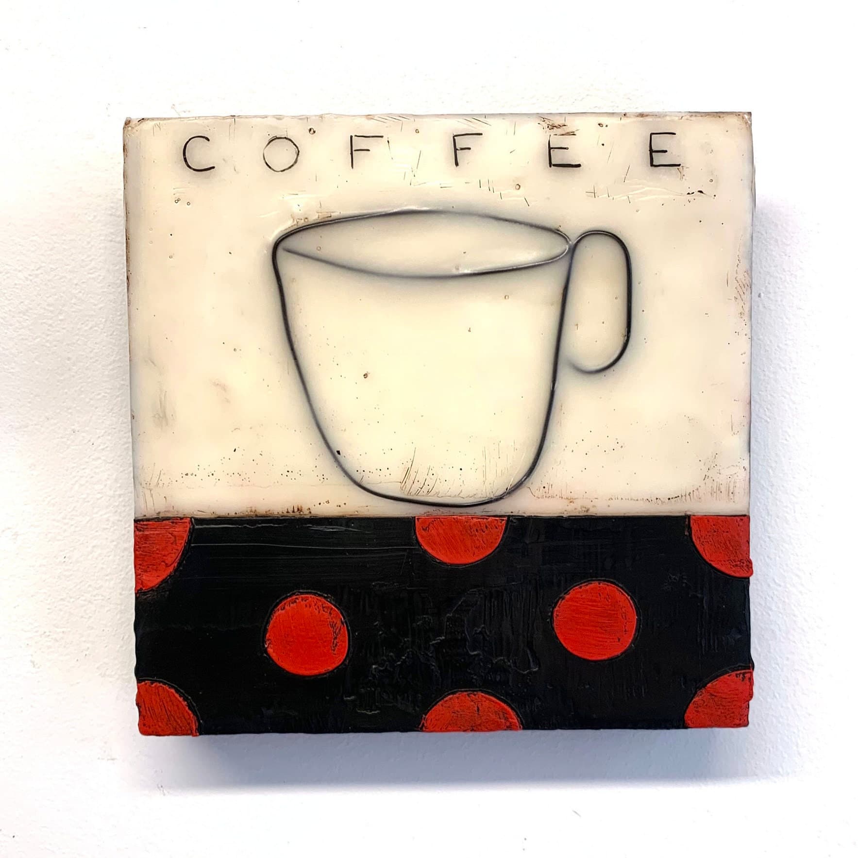 Coffee Time Encaustic Painting, Abstract Polka Dot Wall Art (8x8)