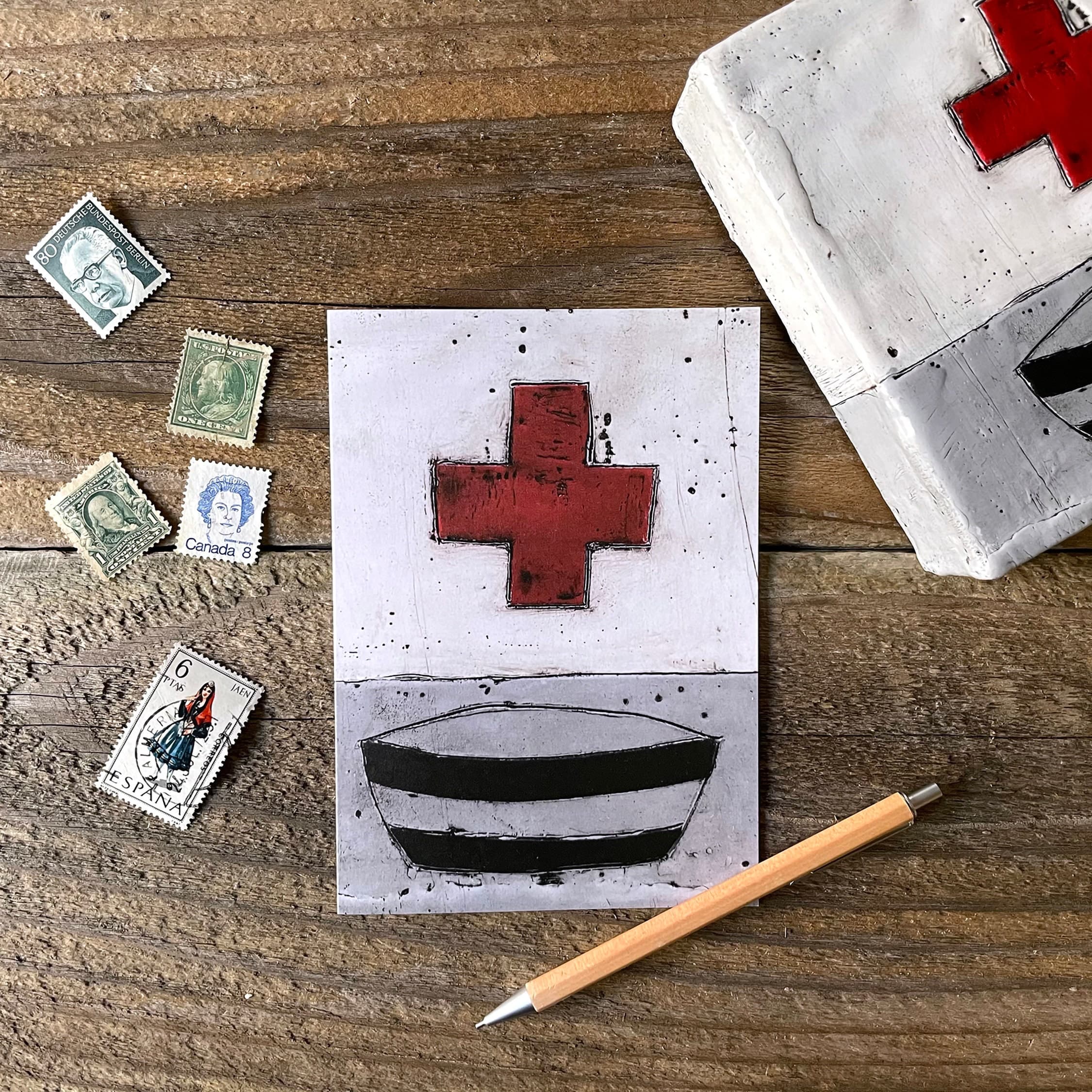 Abstract Encaustic Art Greetings Card, Red Cross Notecard